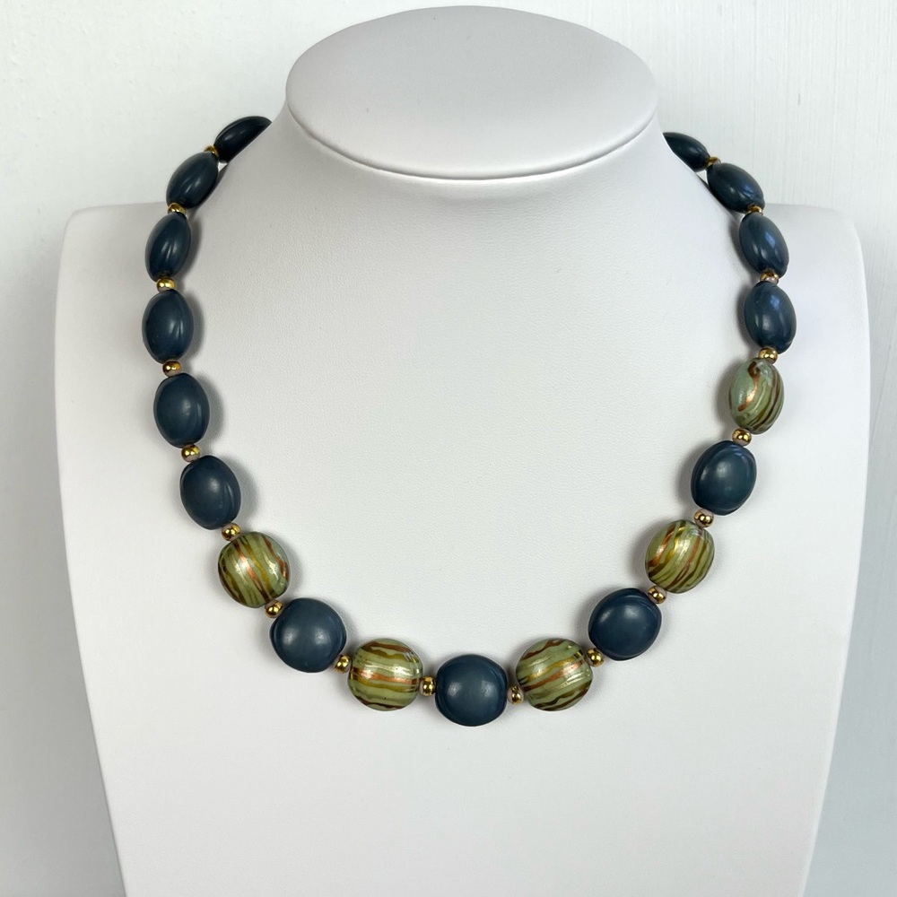 Vintage Beaded Necklace Blue and Green with Gold Tone Swirl